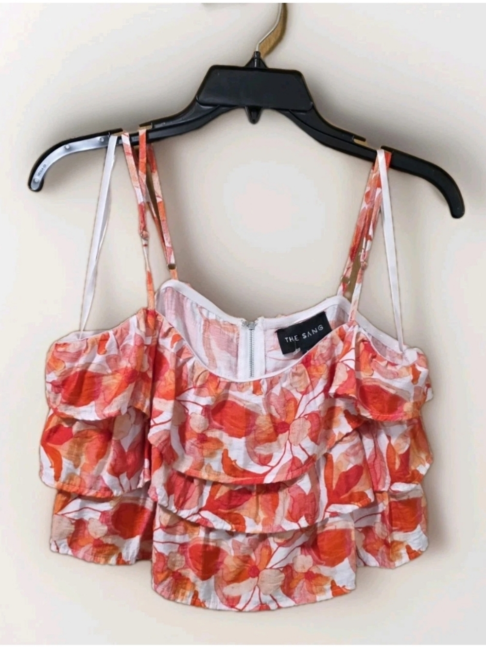 The Sang Womens Sz Large Woven Cropped Short Ruffle Strappy Sleeveless Crop Top
